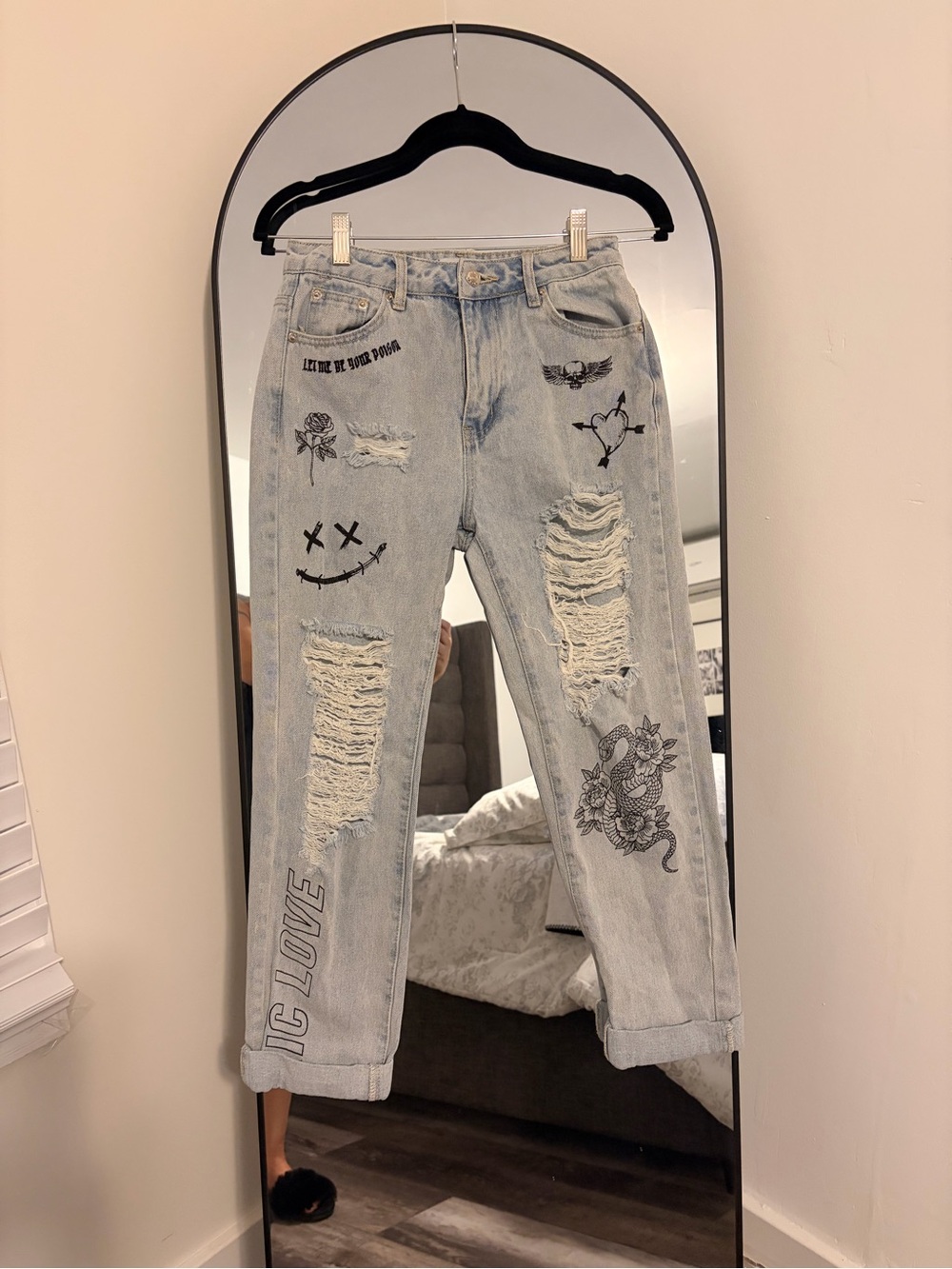 Adika Light Wash Distressed Skinny Jeans with Black Graphic Prints